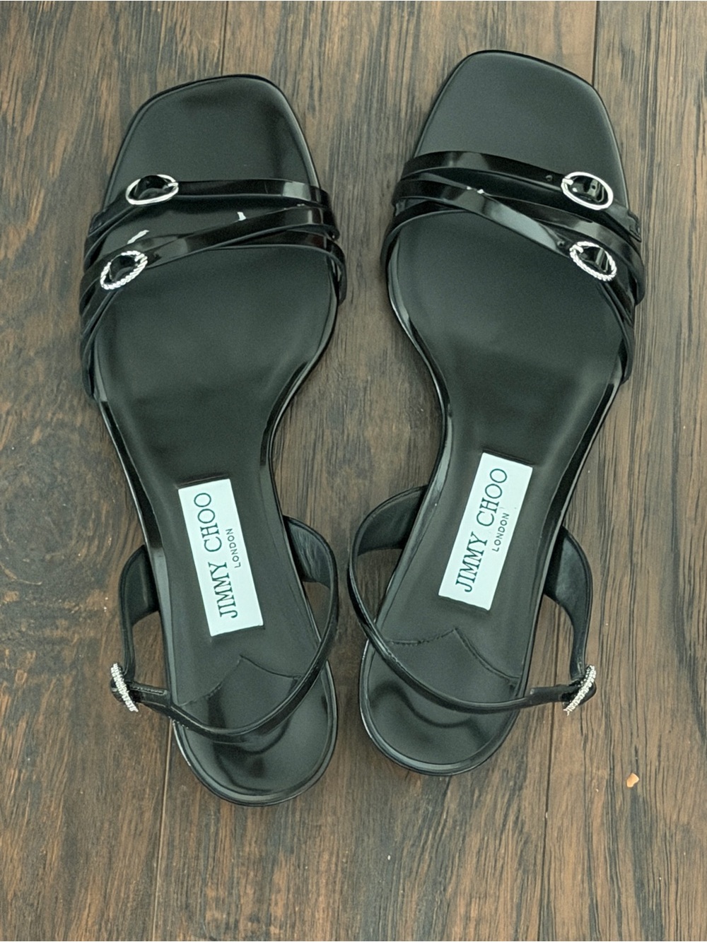 Jimmy Choo Black Patent Strappy Mules with Silver Buckle Accents